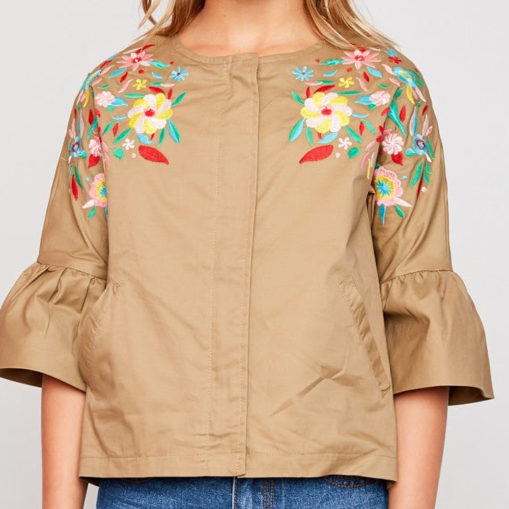 Hayden Tan Embroidered Floral Bell-Sleeve Jacket